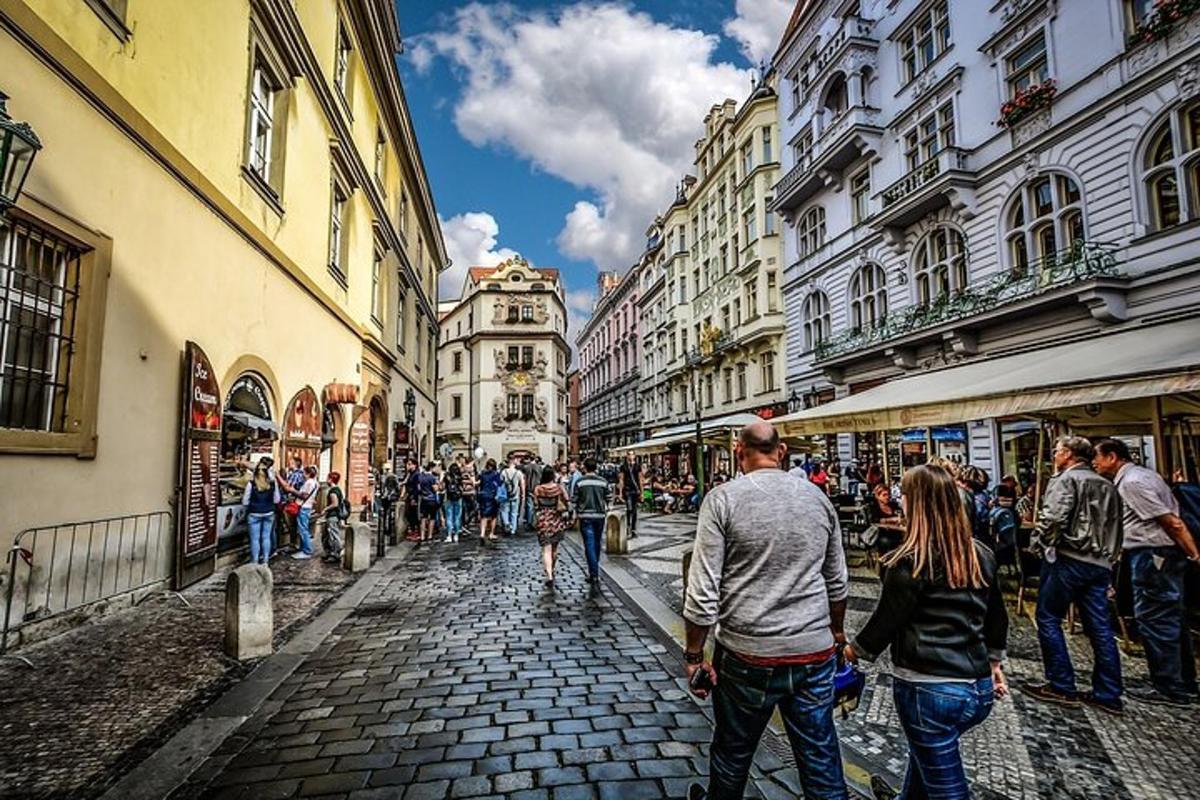 skupina lidí jdoucích po dlážděné ulici