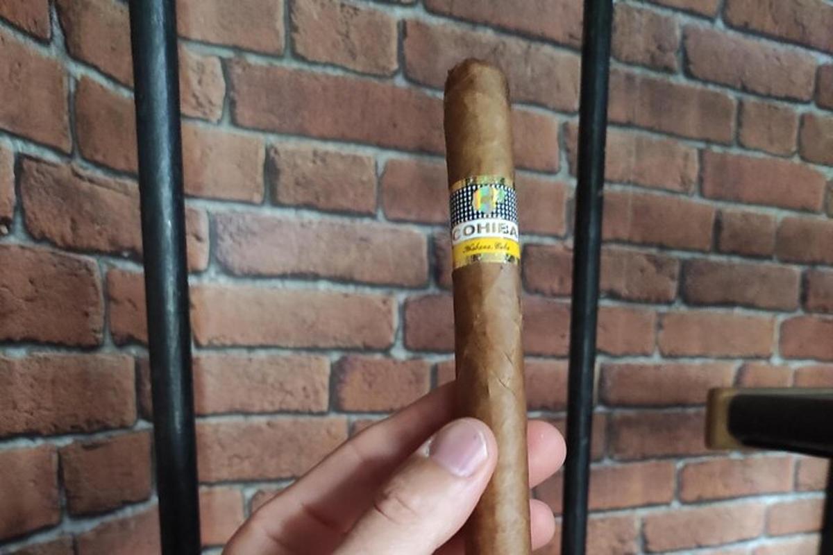 osoba držící doutník před cihlovou zdí