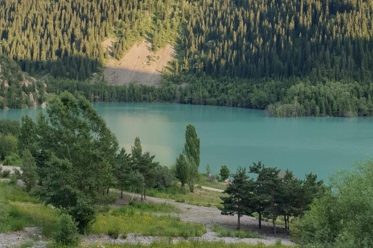 un gran llac blau al mig d'un bosc