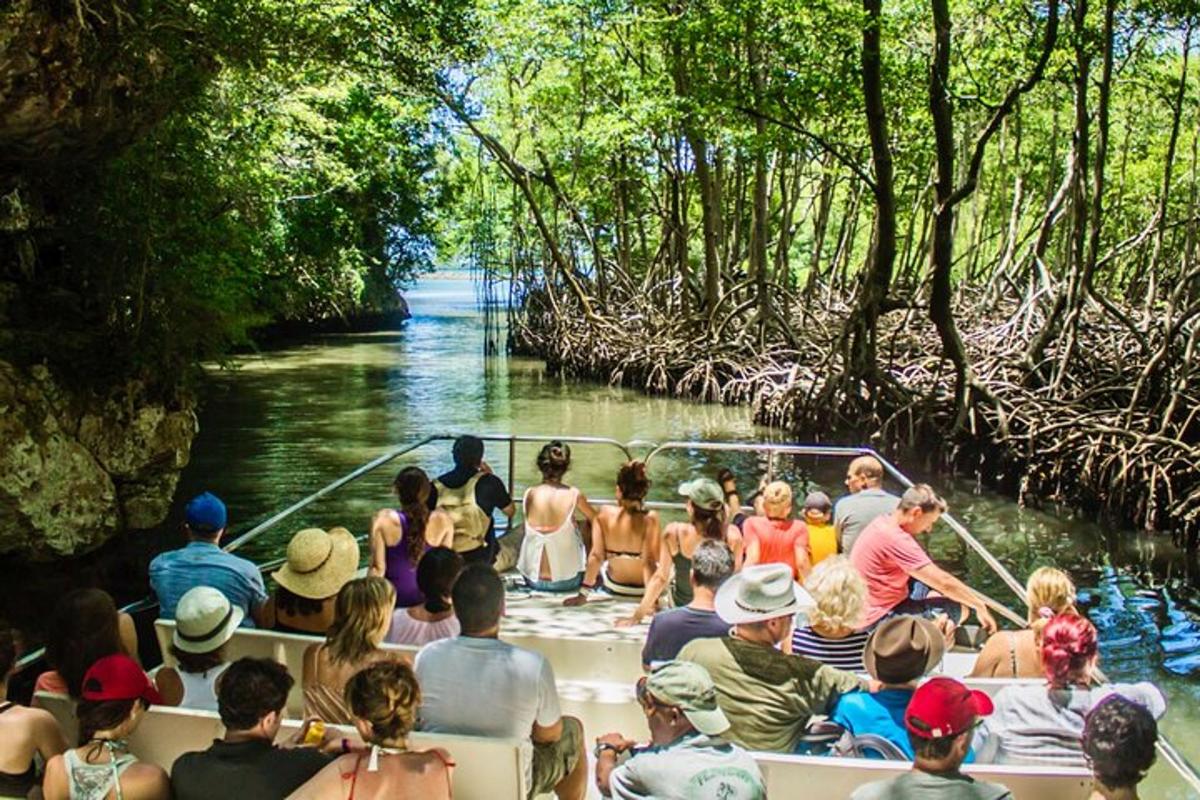 a group of people in a boat on a river