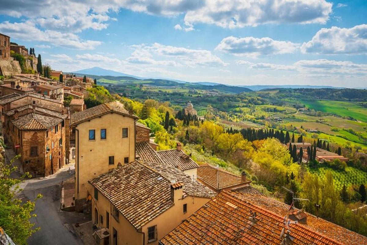 una vista aerea di un villaggio con i tetti