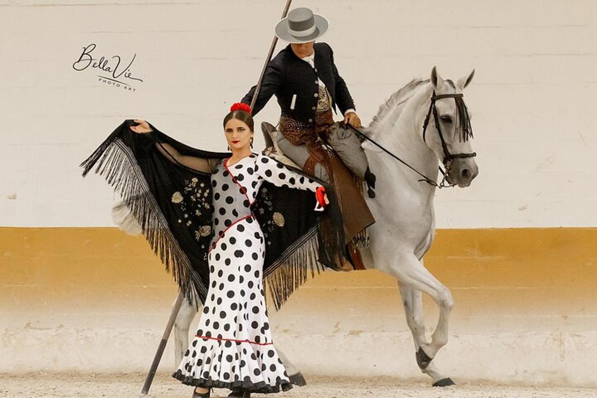 a man riding a white horse and a woman