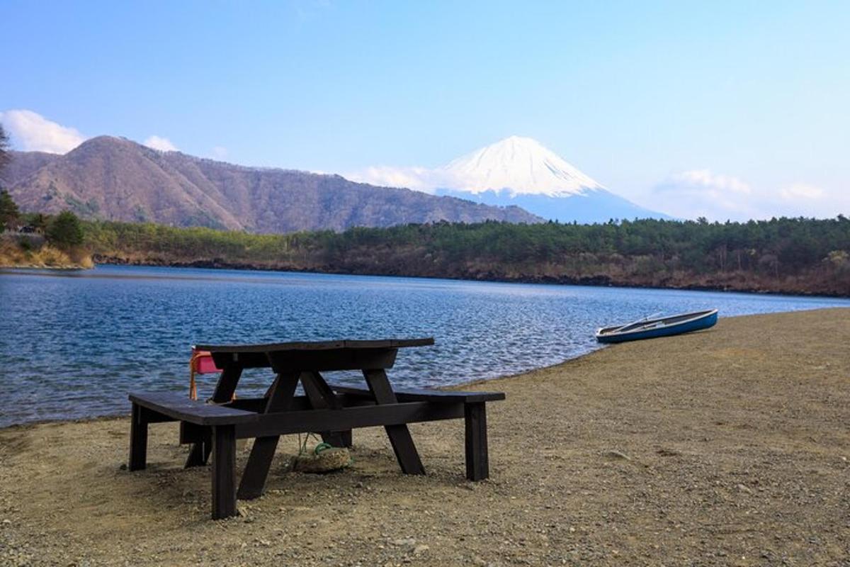 a picnic table next to a lake with a snow covered mountain