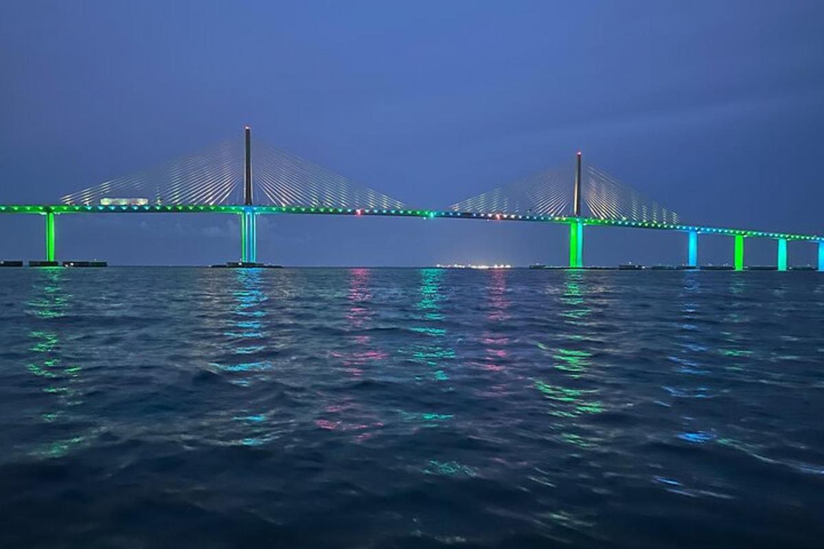 eine große Brücke über dem Wasser bei Nacht