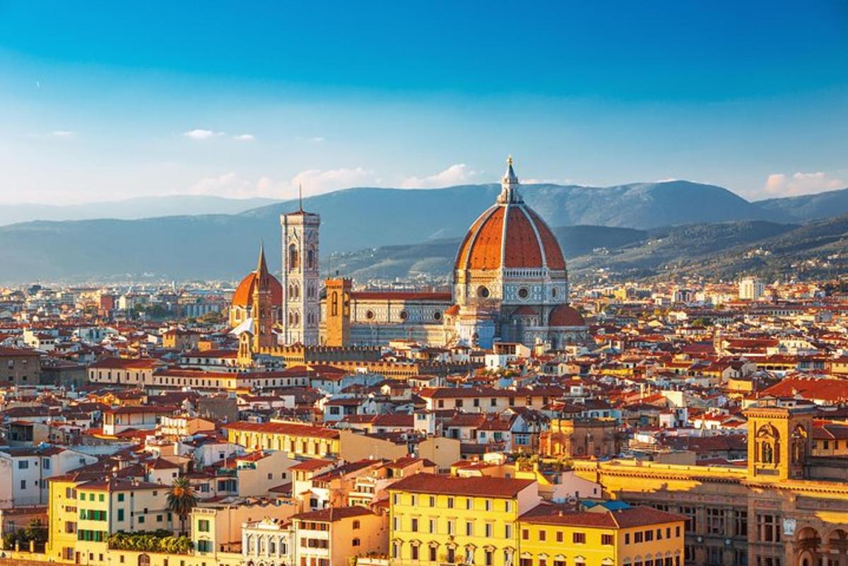 una vista di una città con le montagne sullo sfondo
