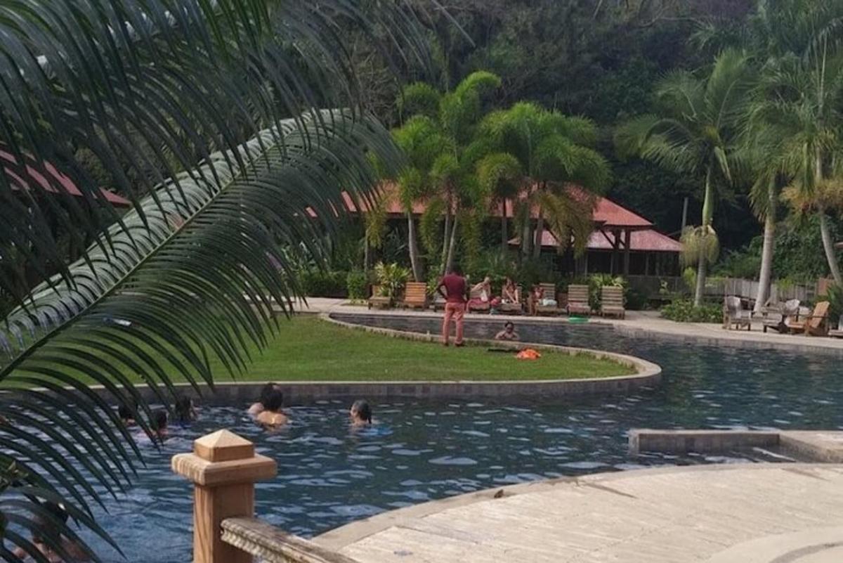un gruppo di persone che nuotano in una piscina di un resort