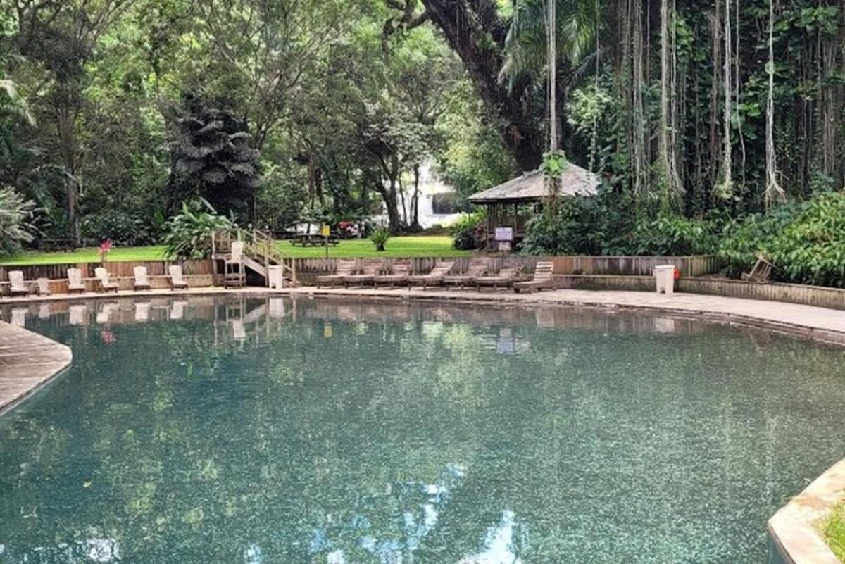 una grande piscina d'acqua con un gazebo