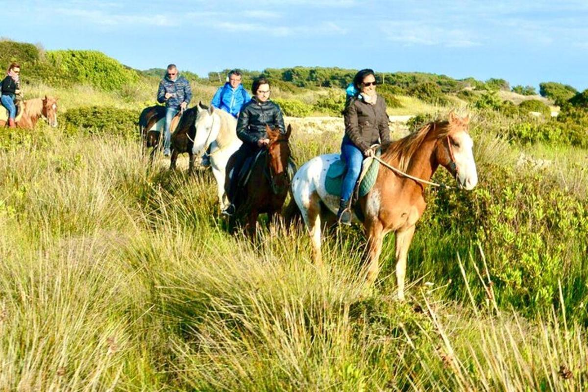 um grupo de pessoas cavalgando em um campo