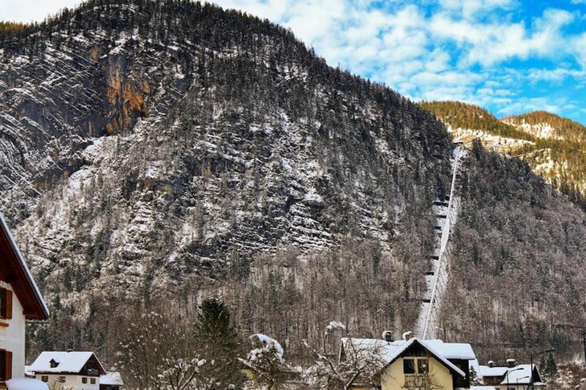uma montanha coberta de neve com uma escada que leva até uma casa