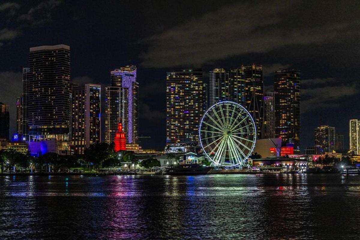um horizonte de cidade com uma roda gigante à noite