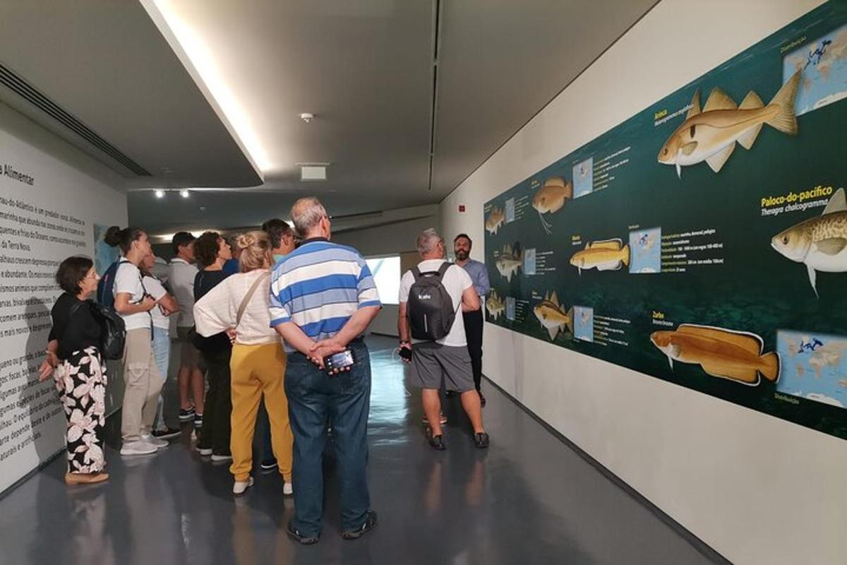 a group of people standing in a hallway looking at a exhibit