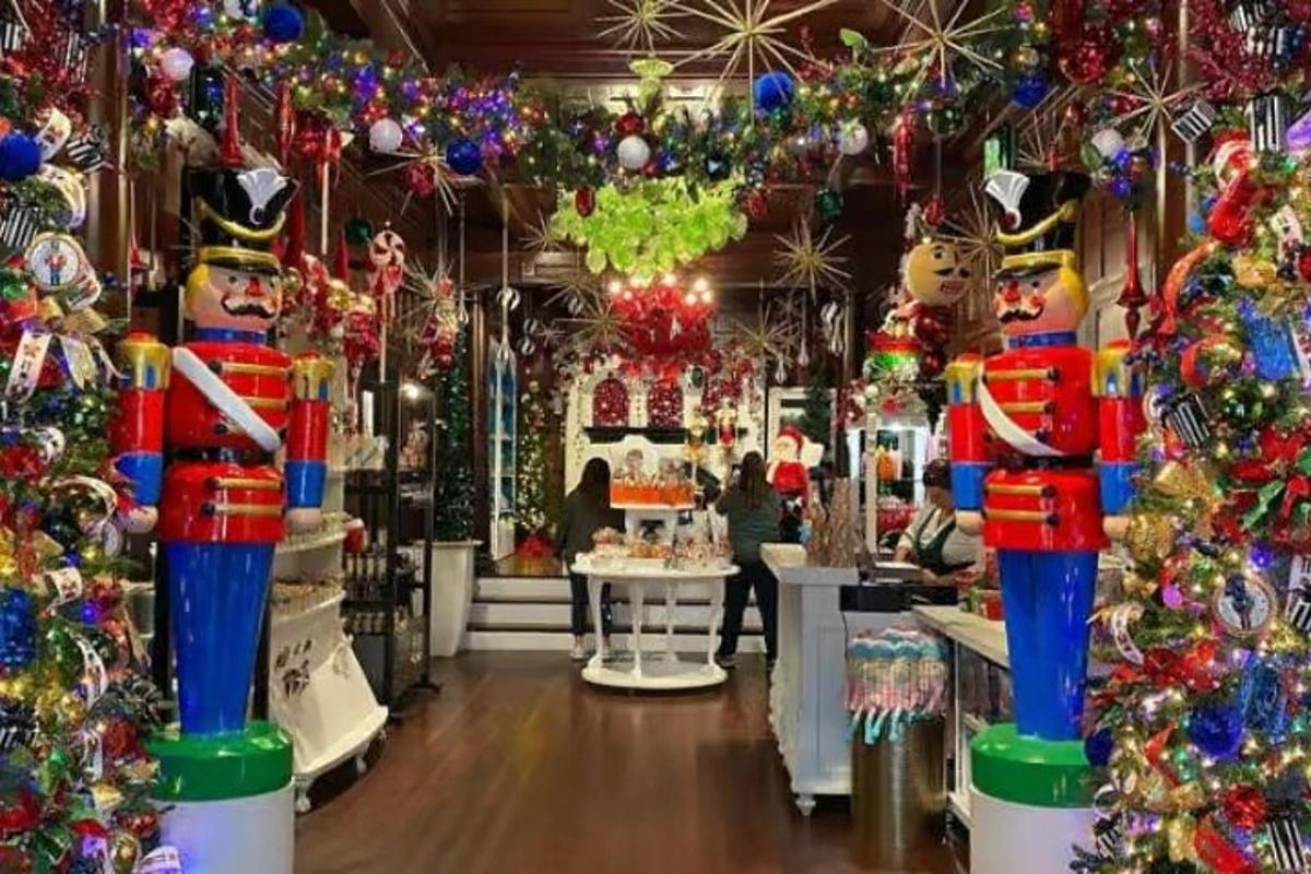a store filled with christmas decorations and christmas trees
