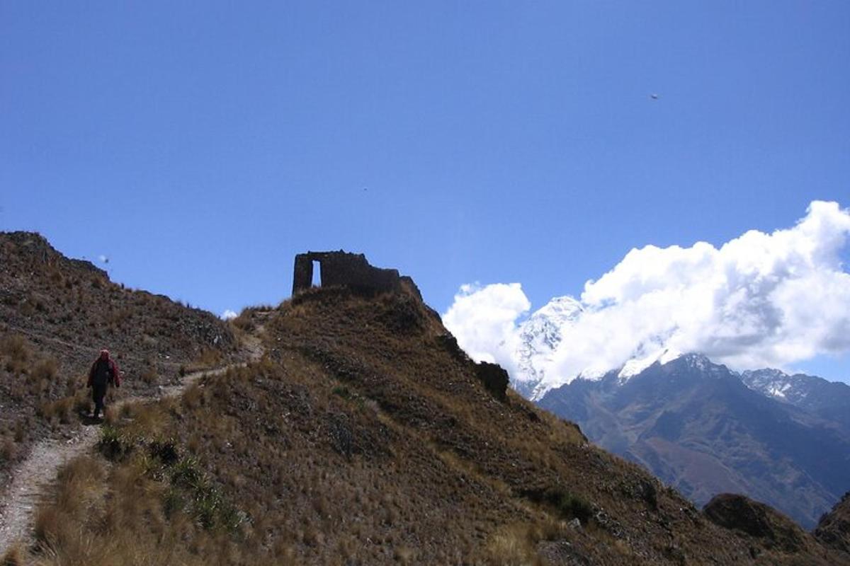 a person walking up a hill with a castle on a mountain