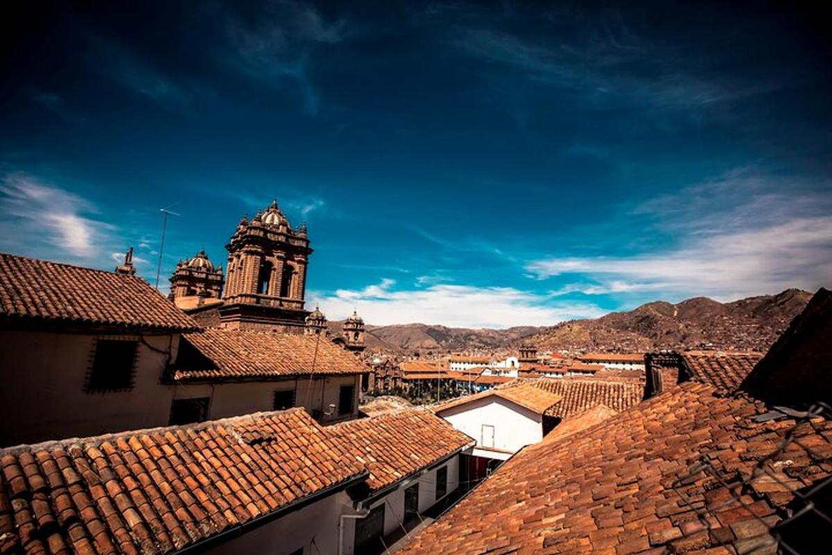 Una vista de una ciudad con una torre de reloj y tejados.