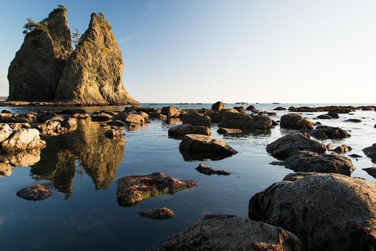 un grupo de grandes rocas en una playa con agua