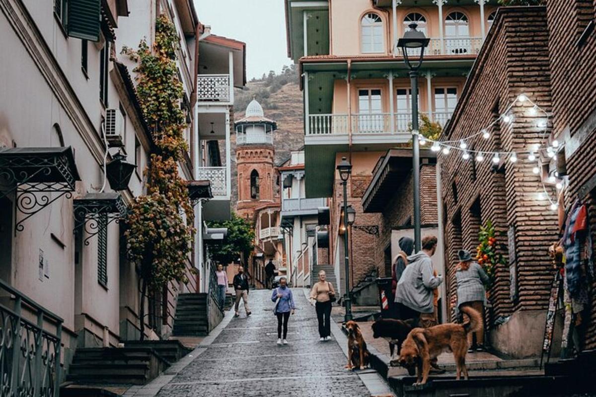 eine Gruppe von Menschen, die mit Hunden eine Straße entlanggehen