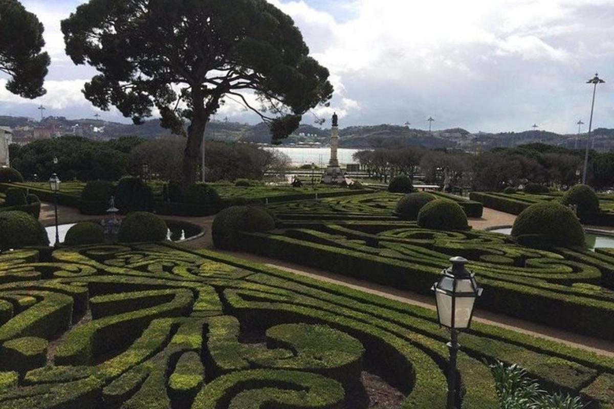 un parco con un labirinto di siepi e un lampione