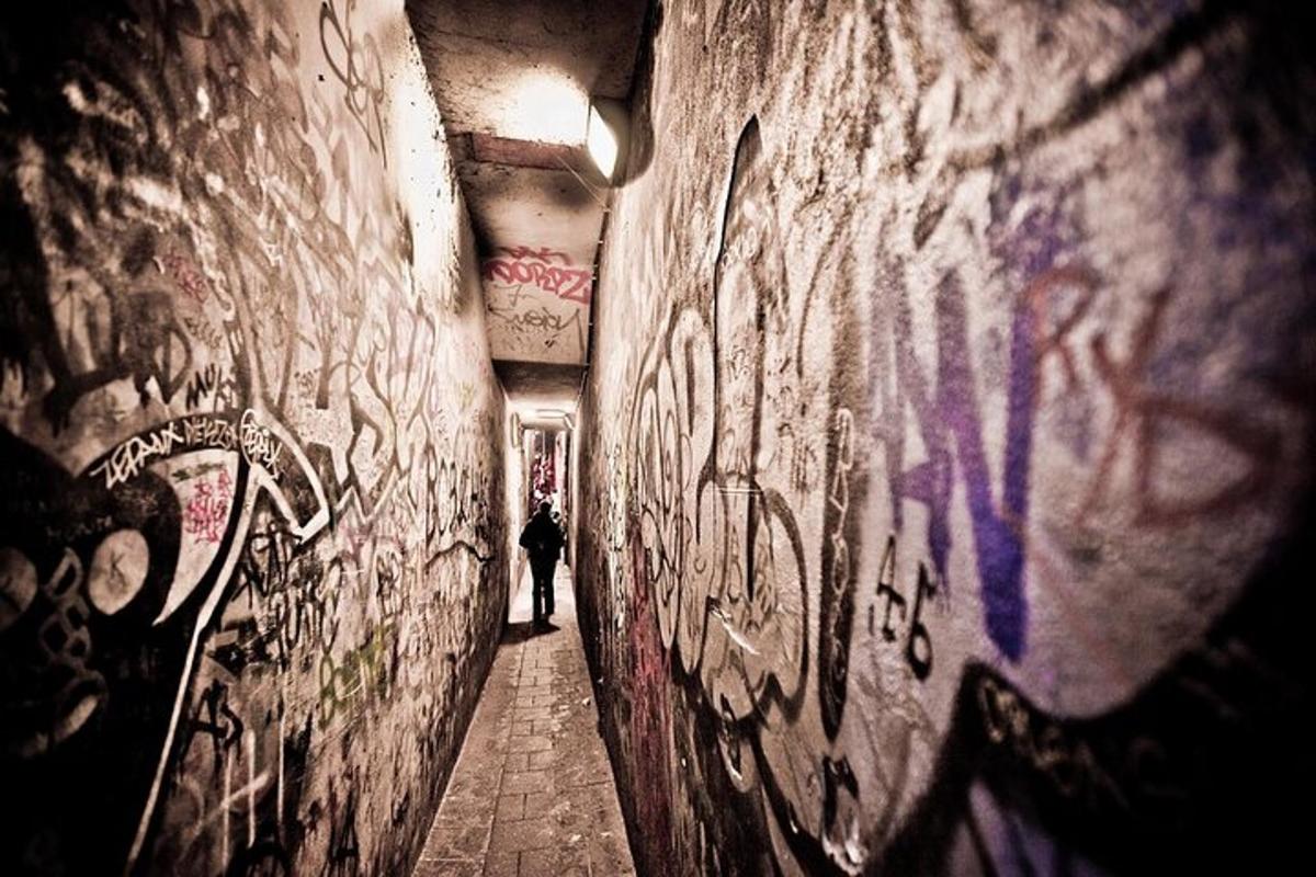 osoba kráčející uličkou s graffiti na zdi