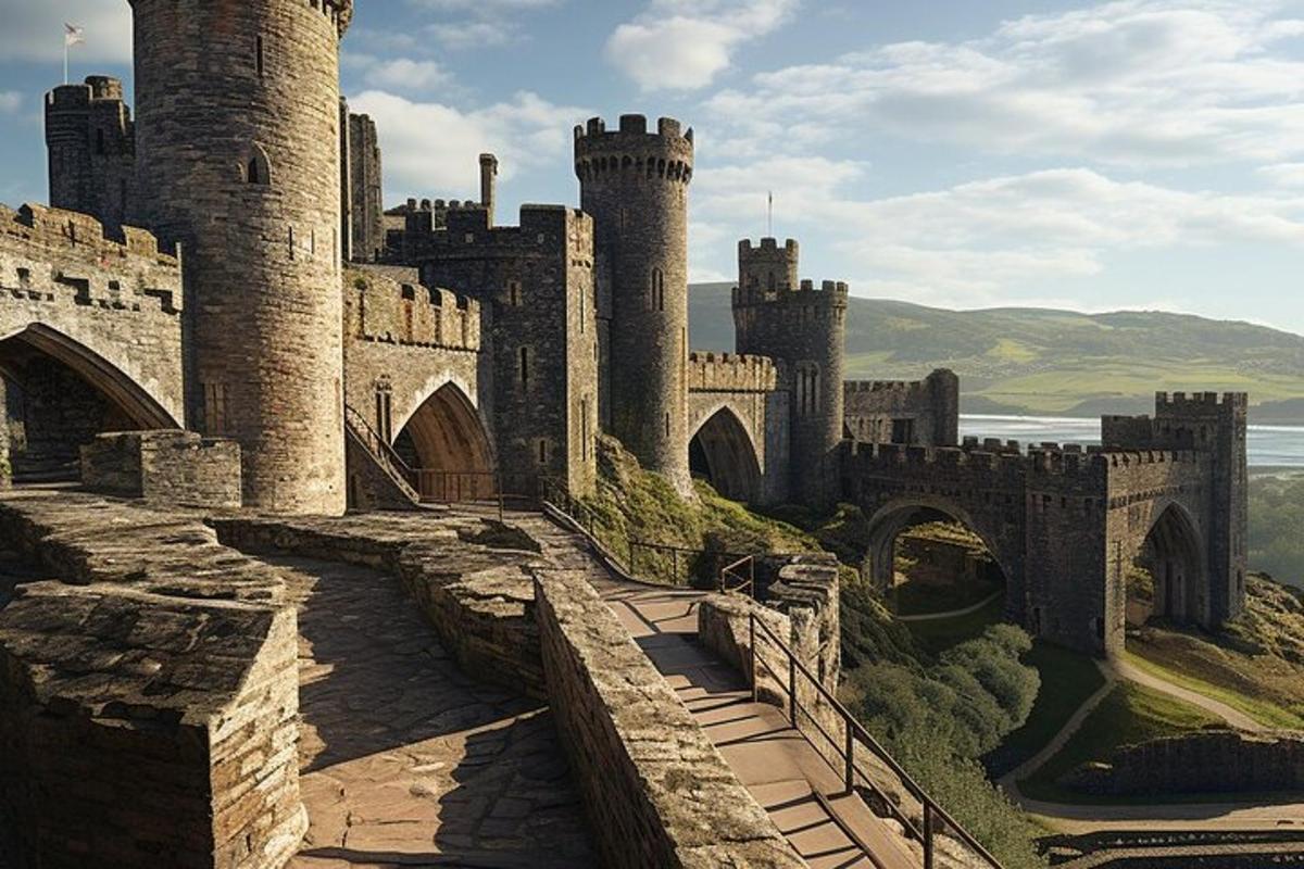 a castle with many towers and a bridge