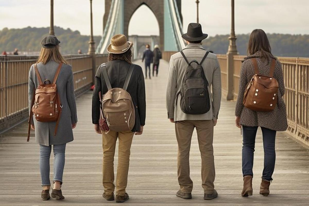a group of three people walking on a bridge