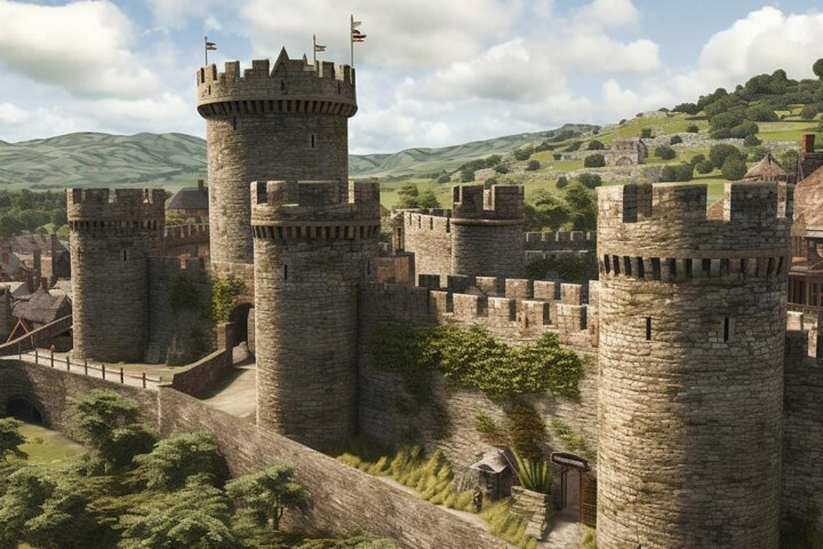 a large castle with two towers on a hill