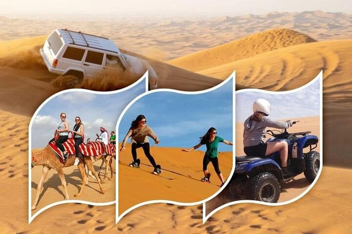 a group of people riding on a camel in the desert