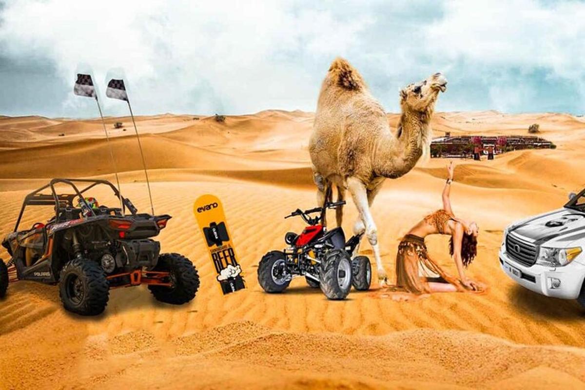 a camel standing in the desert with atvs and vehicles