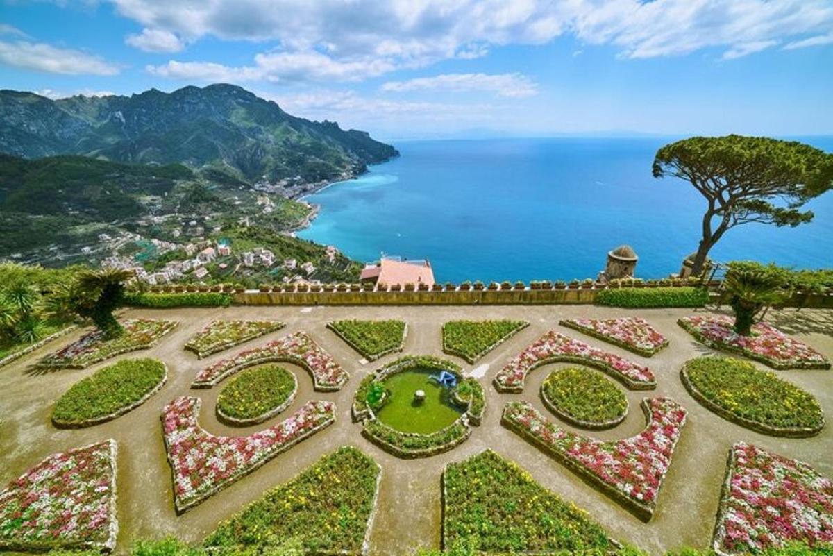 Una vista aérea de un jardín con vista al océano.