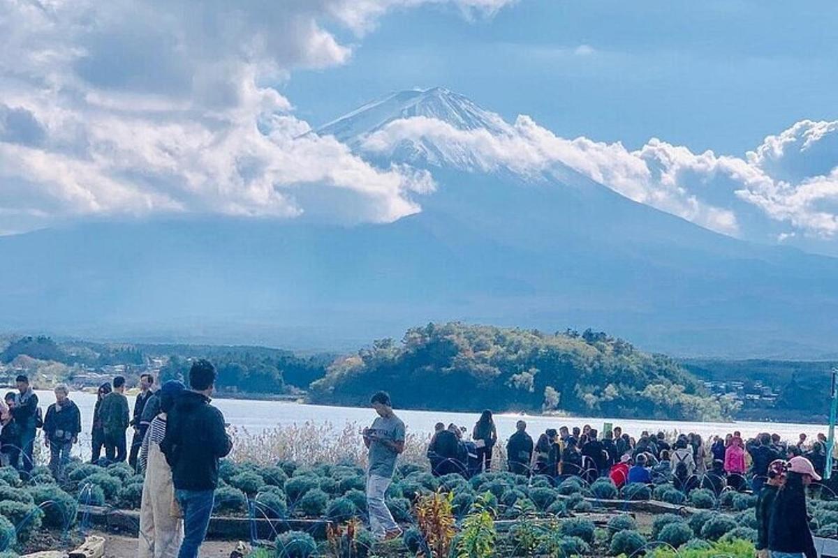sekelompok orang yang berdiri di depan gunung