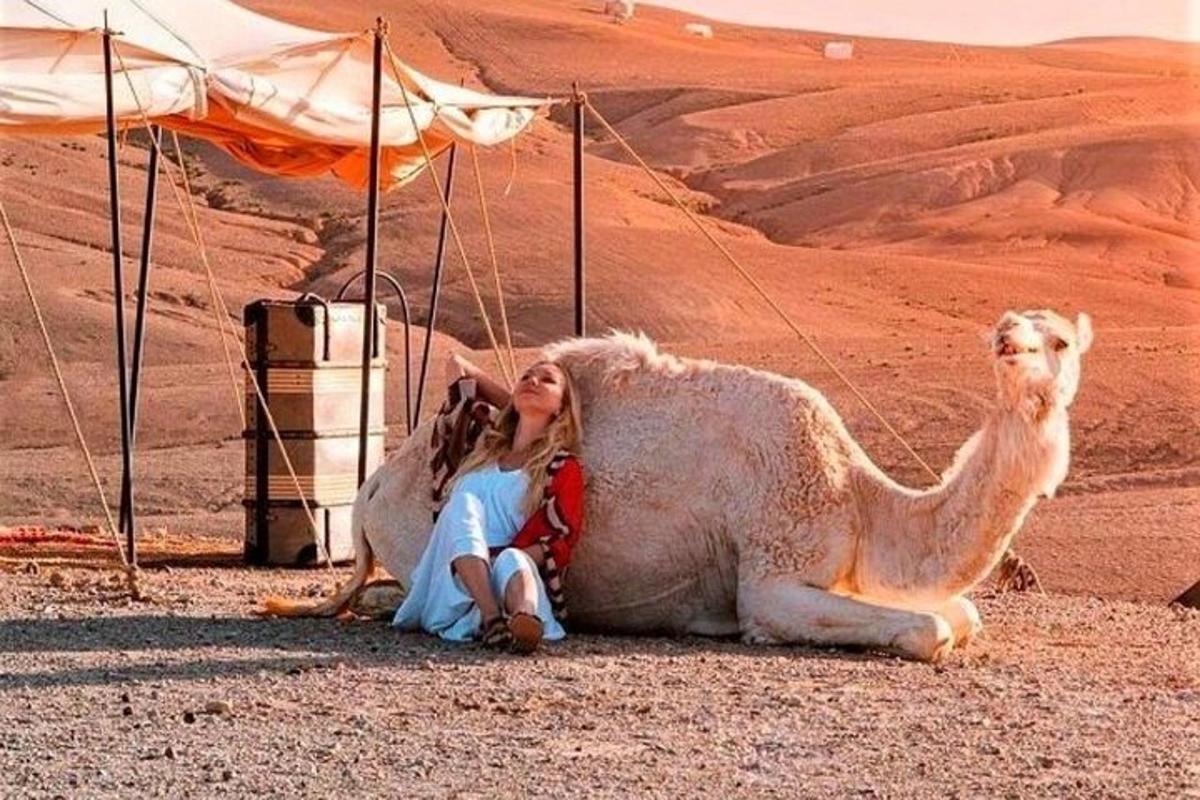a woman sitting next to a camel in the desert