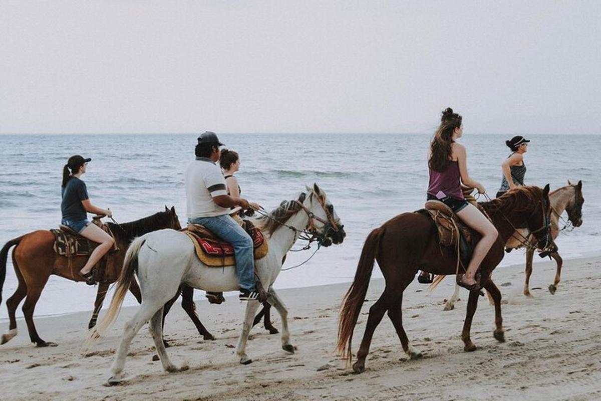 um grupo de pessoas andando a cavalo na praia