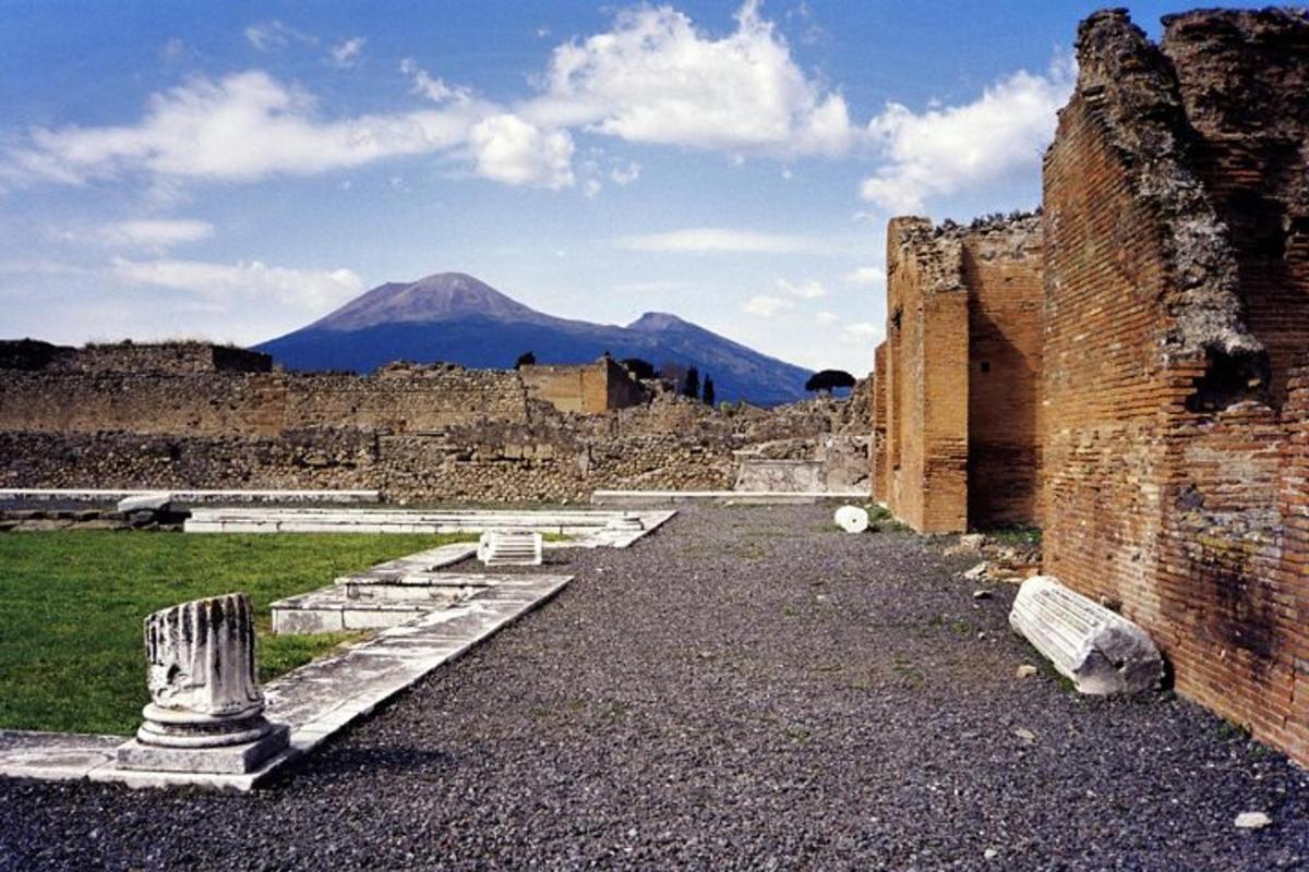 una vista delle rovine di un edificio con una montagna sullo sfondo