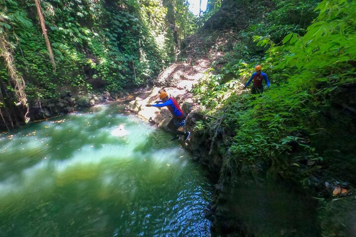 due persone che camminano lungo un fiume in una foresta