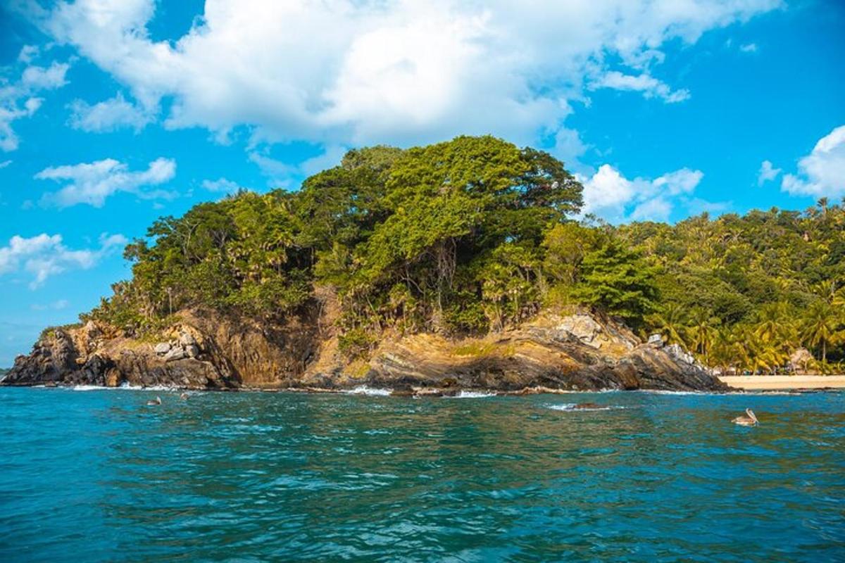 an island in the ocean with a person in the water