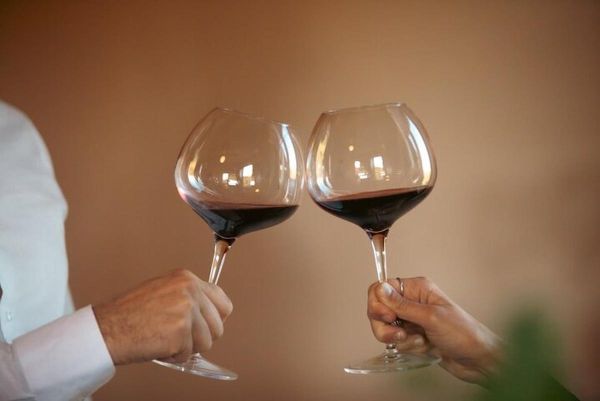 two people holding wine glasses in their hands