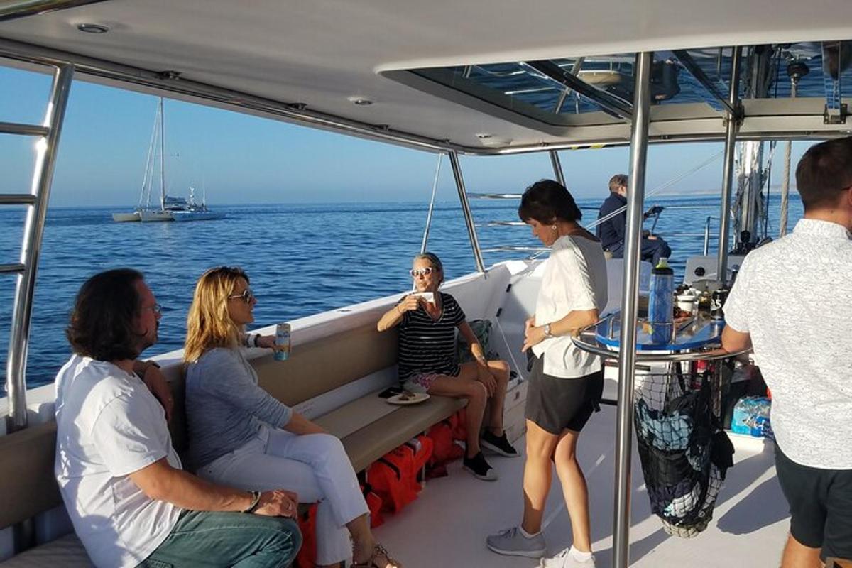 a group of people sitting on the back of a boat