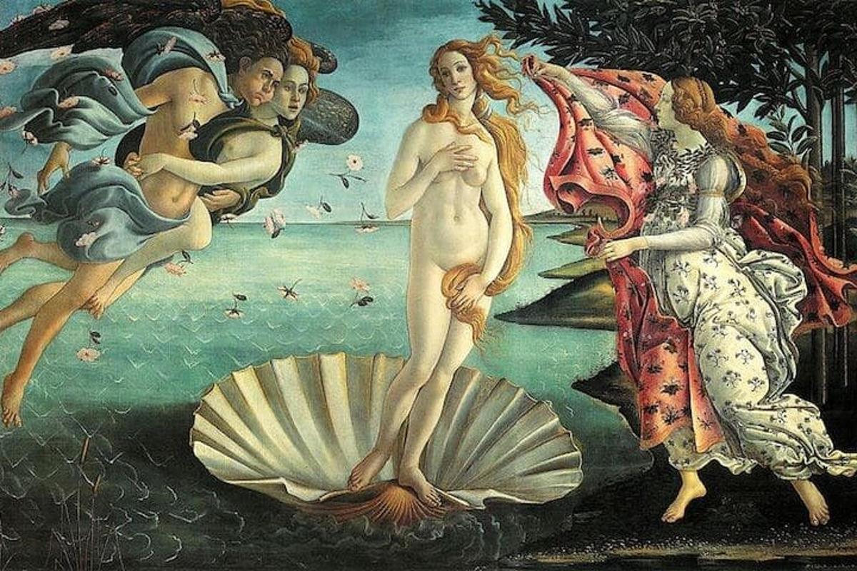 Una pintura de un hombre y una mujer de pie sobre una concha.