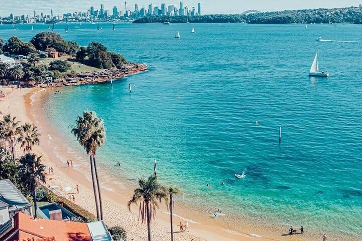 egy pálmafás strand és egy vitorlás a vízben
