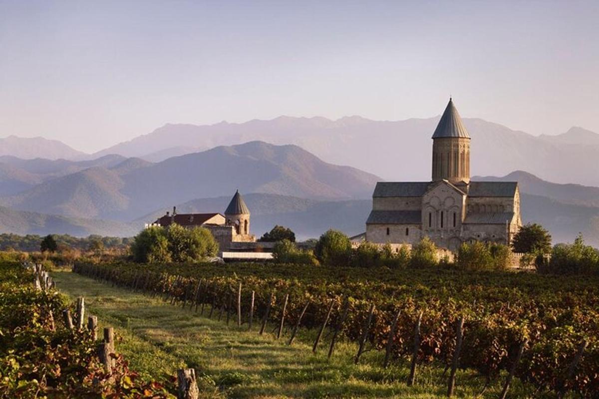una chiesa in un vigneto con le montagne sullo sfondo