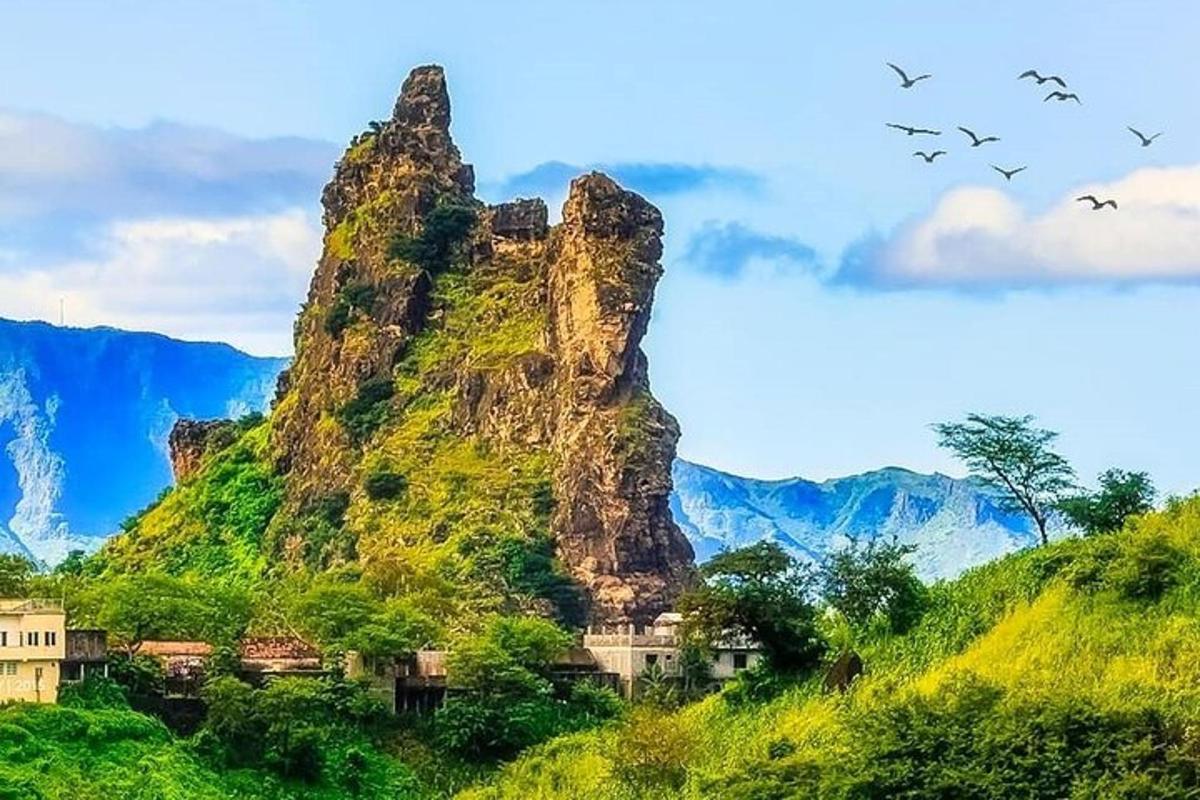 a large rock formation on a green hill with birds