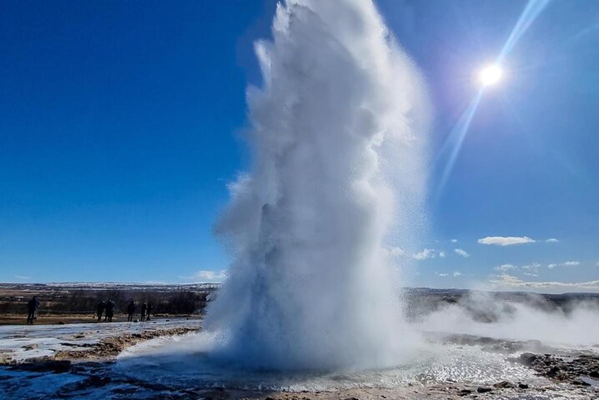 un geyser au milieu d'un champ