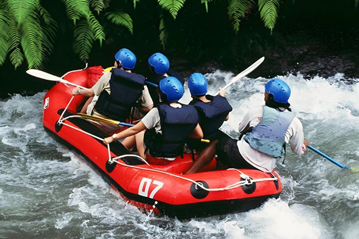 a group of people in a raft on a river