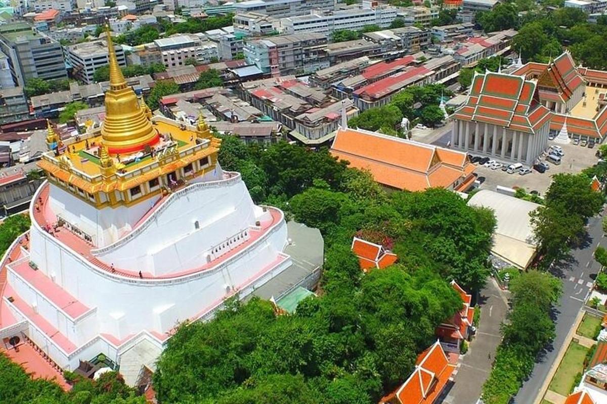 an overhead view of a temple in a city