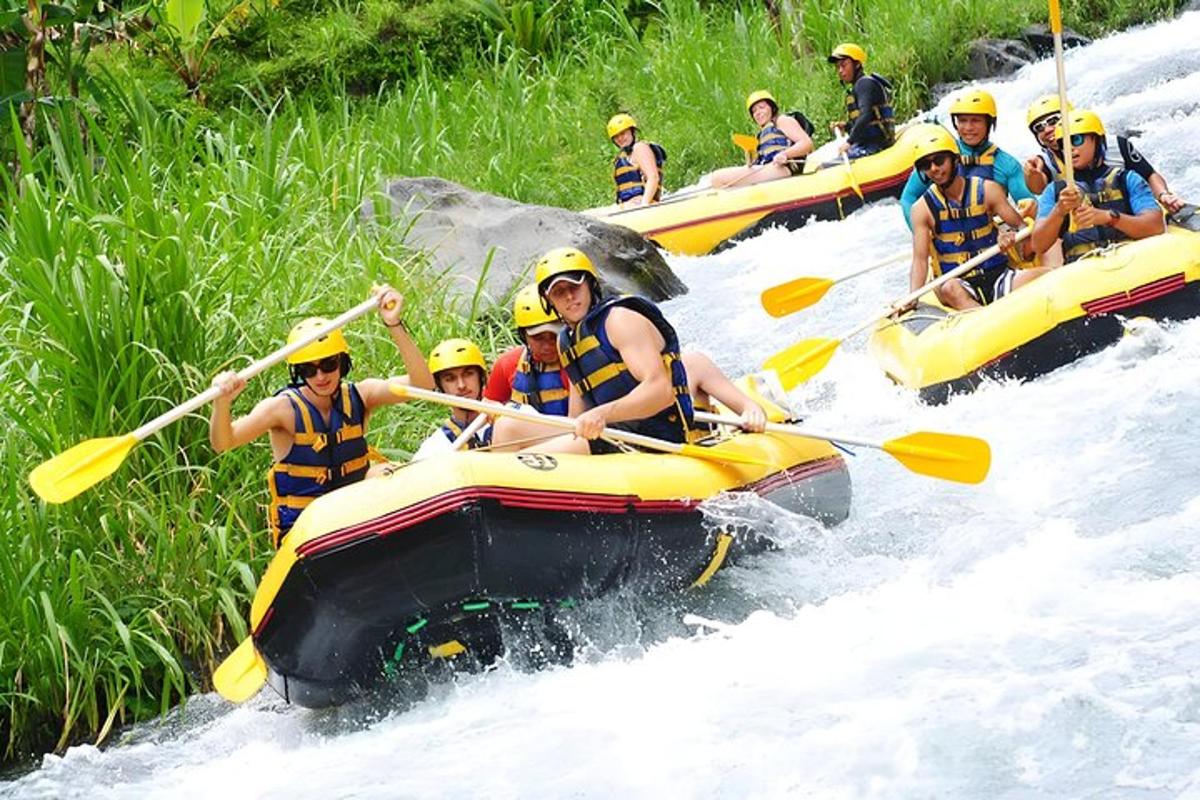 sekelompok orang yang sedang arung jeram di sungai