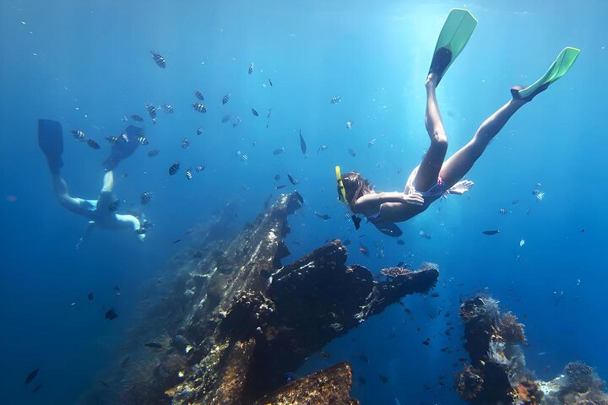 a person is floating in the water near a reef
