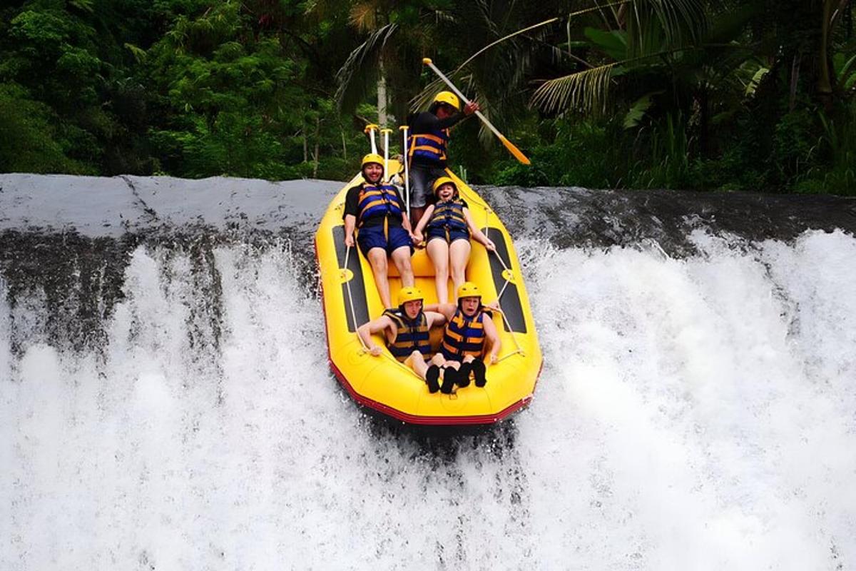 a group of people riding a raft on a waterfall