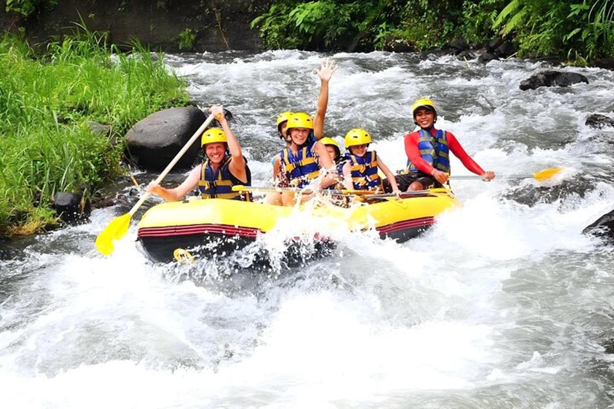 a group of people in a raft on a river