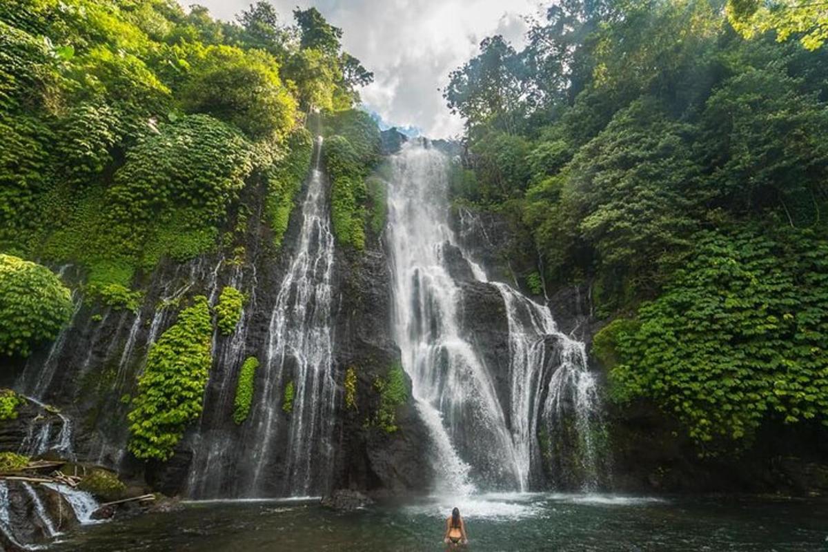 isang taong nakatayo sa tubig sa harap ng isang talon