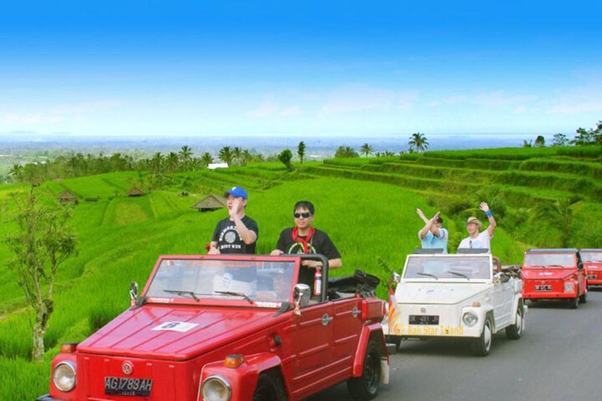 a group of people riding in the back of a jeep