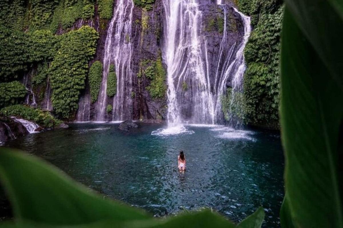 uma pessoa nadando em uma piscina em frente a uma cachoeira